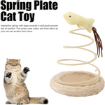 Spring plate cat toy with a cat and product description text on a white background