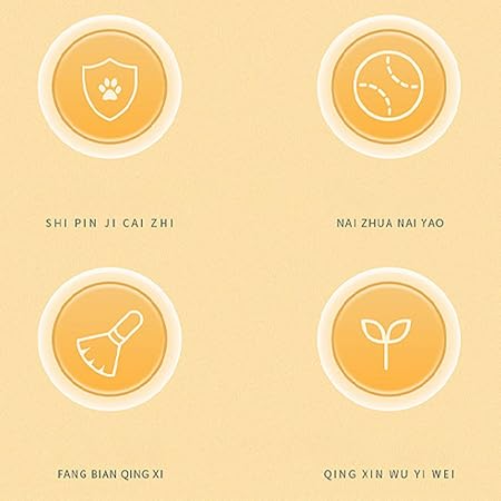 Four circular icons with symbols and text on a beige background