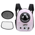 Pink pet carrier with black mesh cover and clear window on a white background