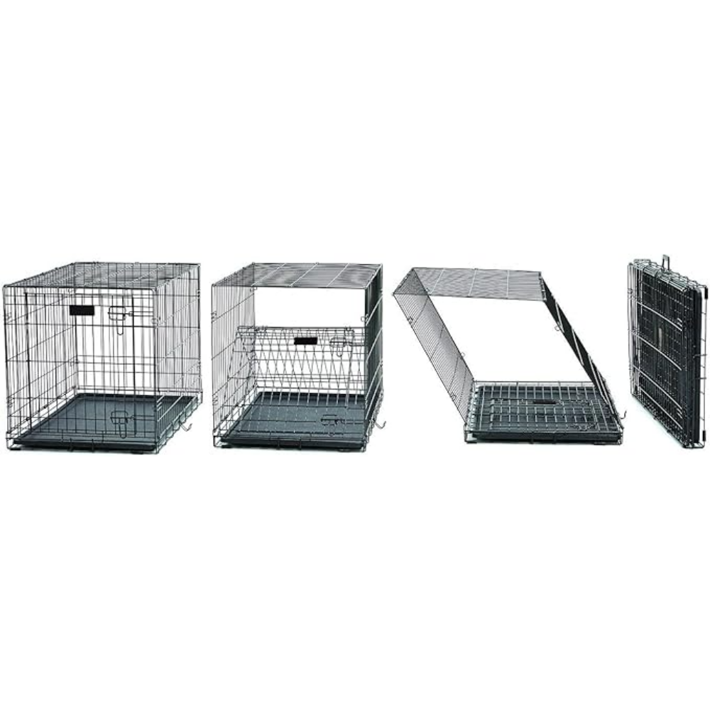 Set of metal pet crates in various stages of assembly.