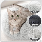 Cat lying on a fluffy mat with product features highlighted