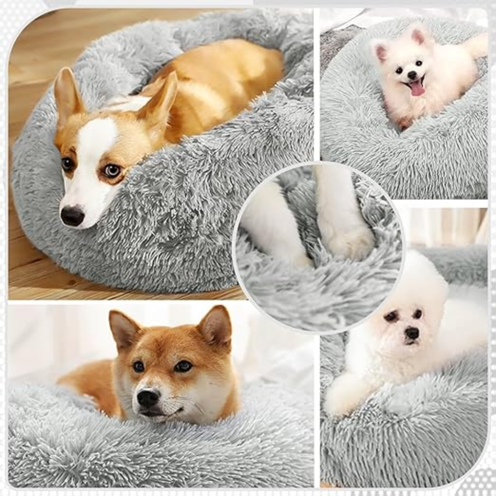 Collage of dogs in a fluffy gray pet bed with close-up details.