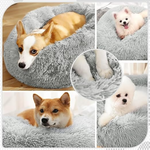 Collage of dogs in a fluffy gray pet bed with close-up details.