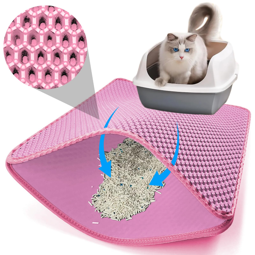 Pink cat litter mat with a cat using a litter box, showing trapped litter and a close-up of the pattern.