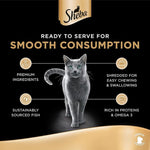Sheba cat food packaging with a cat illustration and text about product features on a black background.