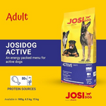 Josidog Active dog food package on a yellow and blue background