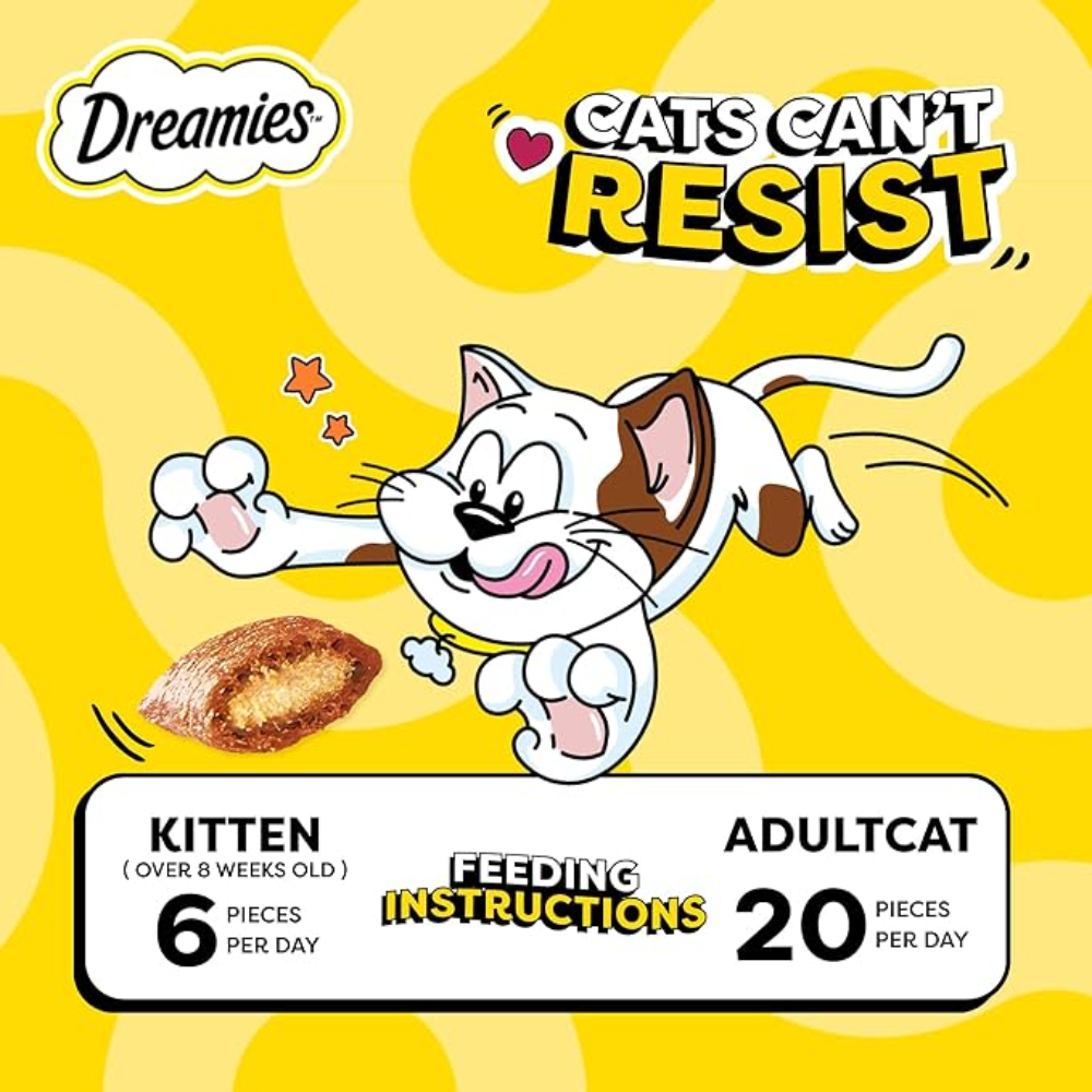 Dreamies cat food packaging with cartoon cat and feeding instructions on a yellow background