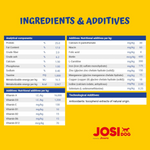 Ingredients and additives table for Joshi products on a yellow background