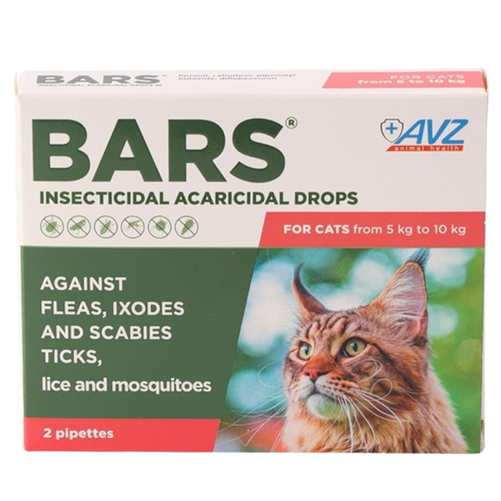 BARS insecticidal acaricidal drops packaging for cats with a cat's face on the box.