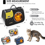 Pet carrier with size measurement chart and a cat for scale on a white background