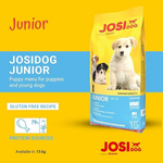 Josidog Junior dog food package on a yellow and blue background