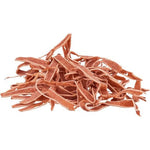 Dried red chili strips on a white background