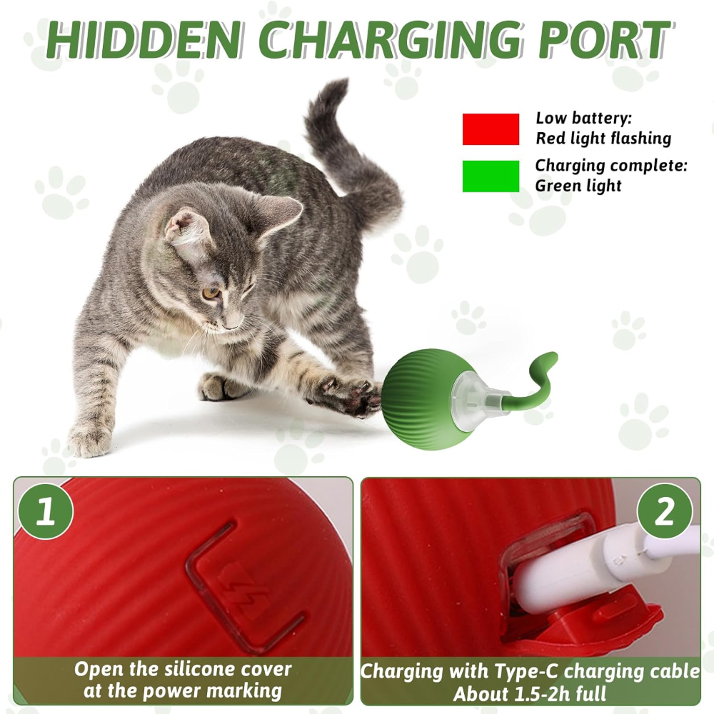 Cat interacting with a product featuring a hidden charging port, with text and diagrams explaining the charging process.