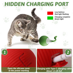 Cat interacting with a product featuring a hidden charging port, with text and diagrams explaining the charging process.