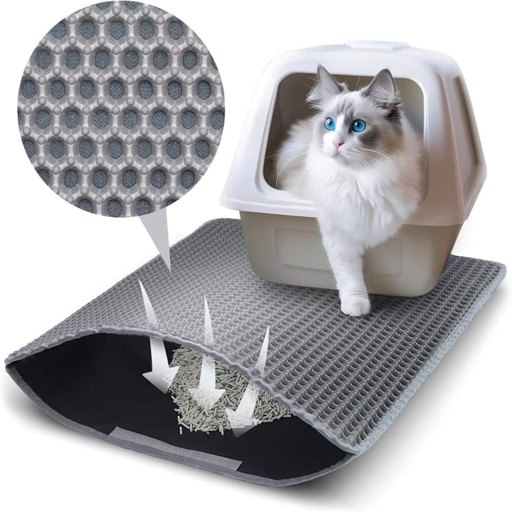 Cat litter mat with textured pattern and a cat peeking out from a litter box.