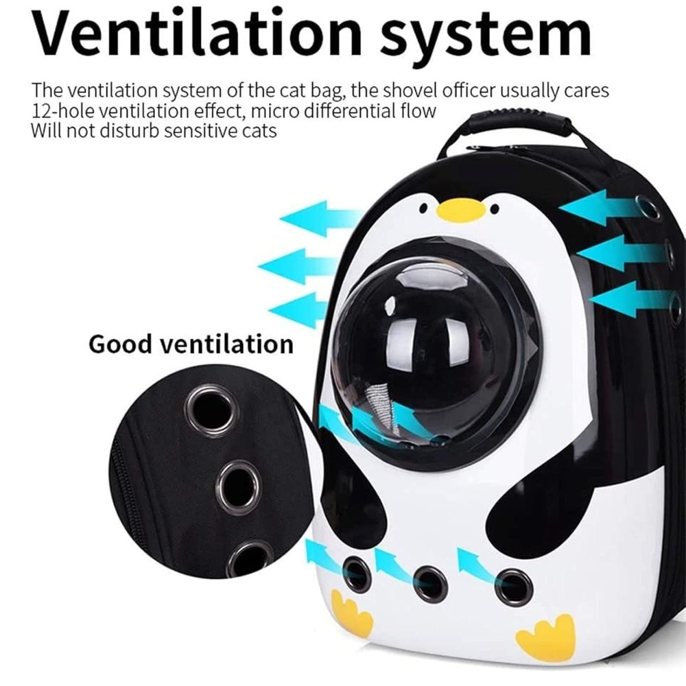 Pet carrier with ventilation system and penguin design, featuring text on good ventilation.