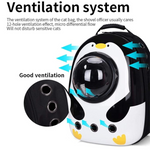 Pet carrier with ventilation system and penguin design, featuring text on good ventilation.