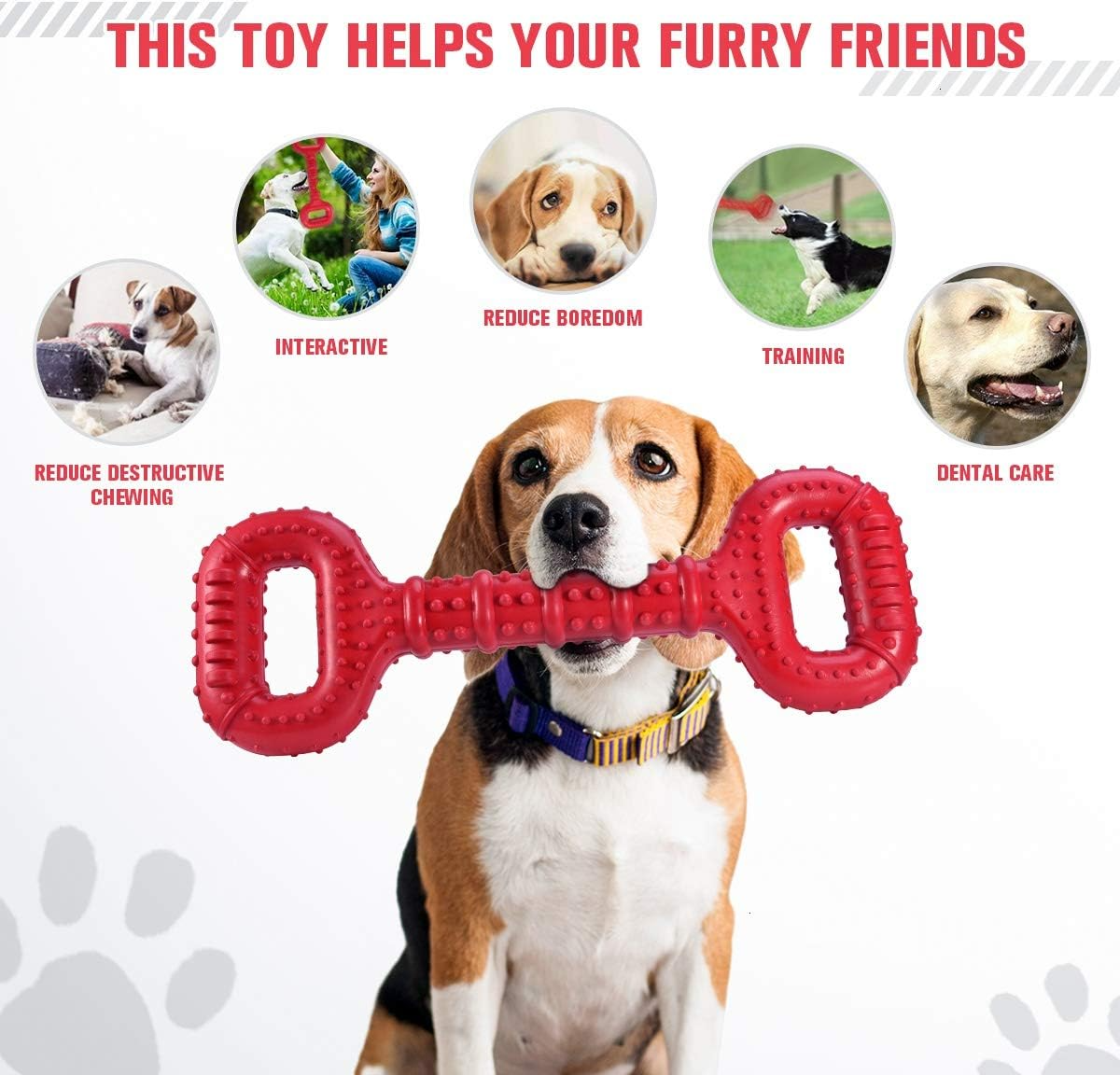 Dog holding a red bone-shaped toy with text highlighting benefits on a white background
