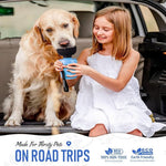 Girl and dog with a water bottle in a car, promoting pet-friendly travel products.