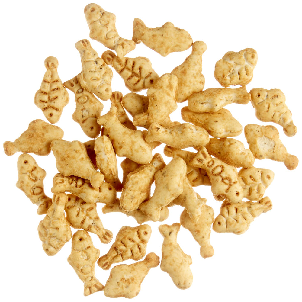 Assorted animal-shaped crackers on a white background