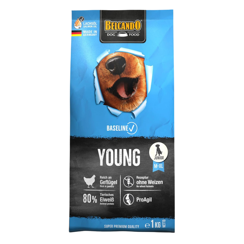 Dog food package with Belcando branding and a blue and black design.