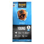 Dog food package with Belcando branding and a blue and black design.