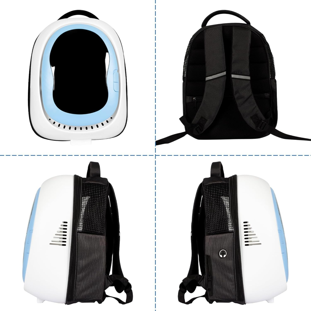 Pet backpack with front and back views on a white background