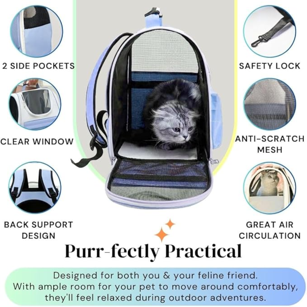 Pet carrier backpack with features highlighted on a light gray background