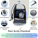 Pet carrier backpack with features highlighted on a light gray background