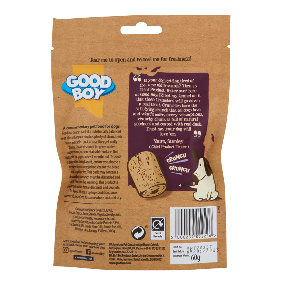 Good Boy dog treat package with text and branding on a white background