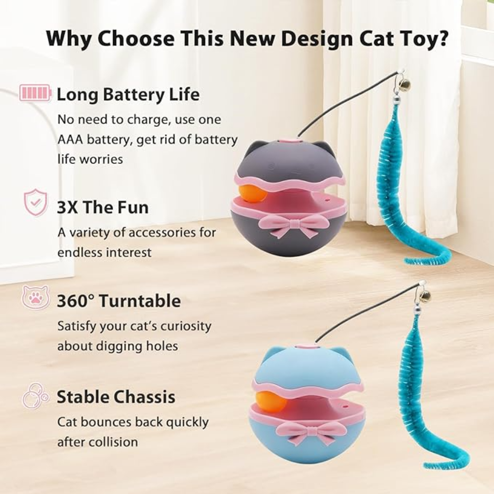 Cat toy with accessories on a wooden floor, featuring text highlighting its features.