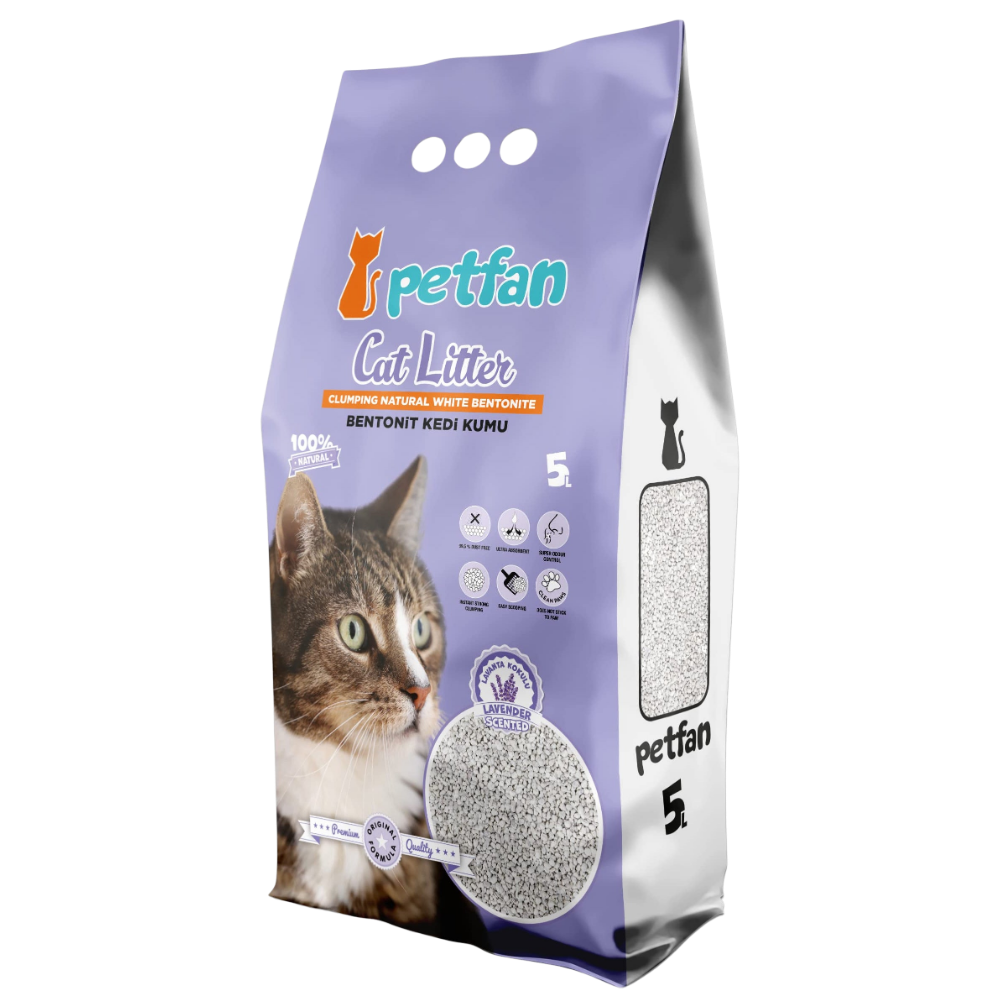 Petfan cat litter packaging with a cat on a white background
