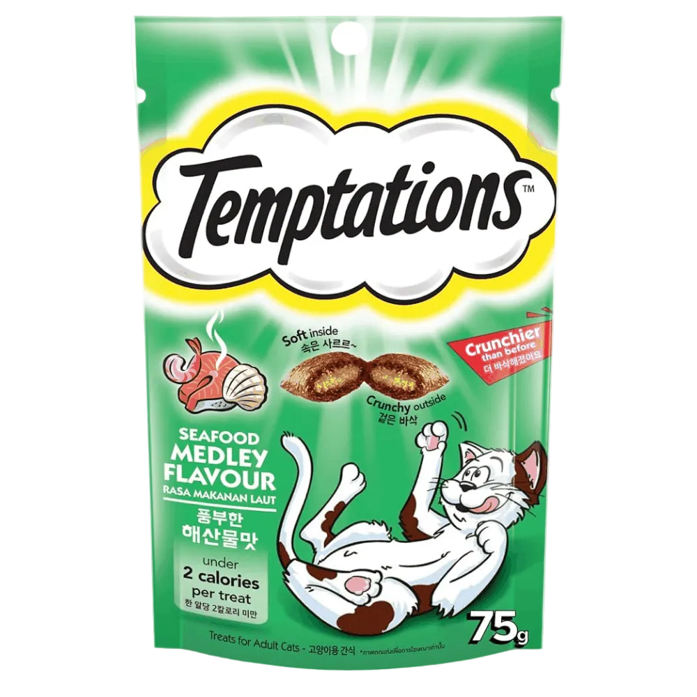 Temptations cat treat package with green background and cat illustration