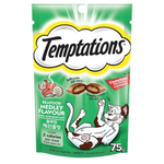 Temptations cat treat package with green background and cat illustration