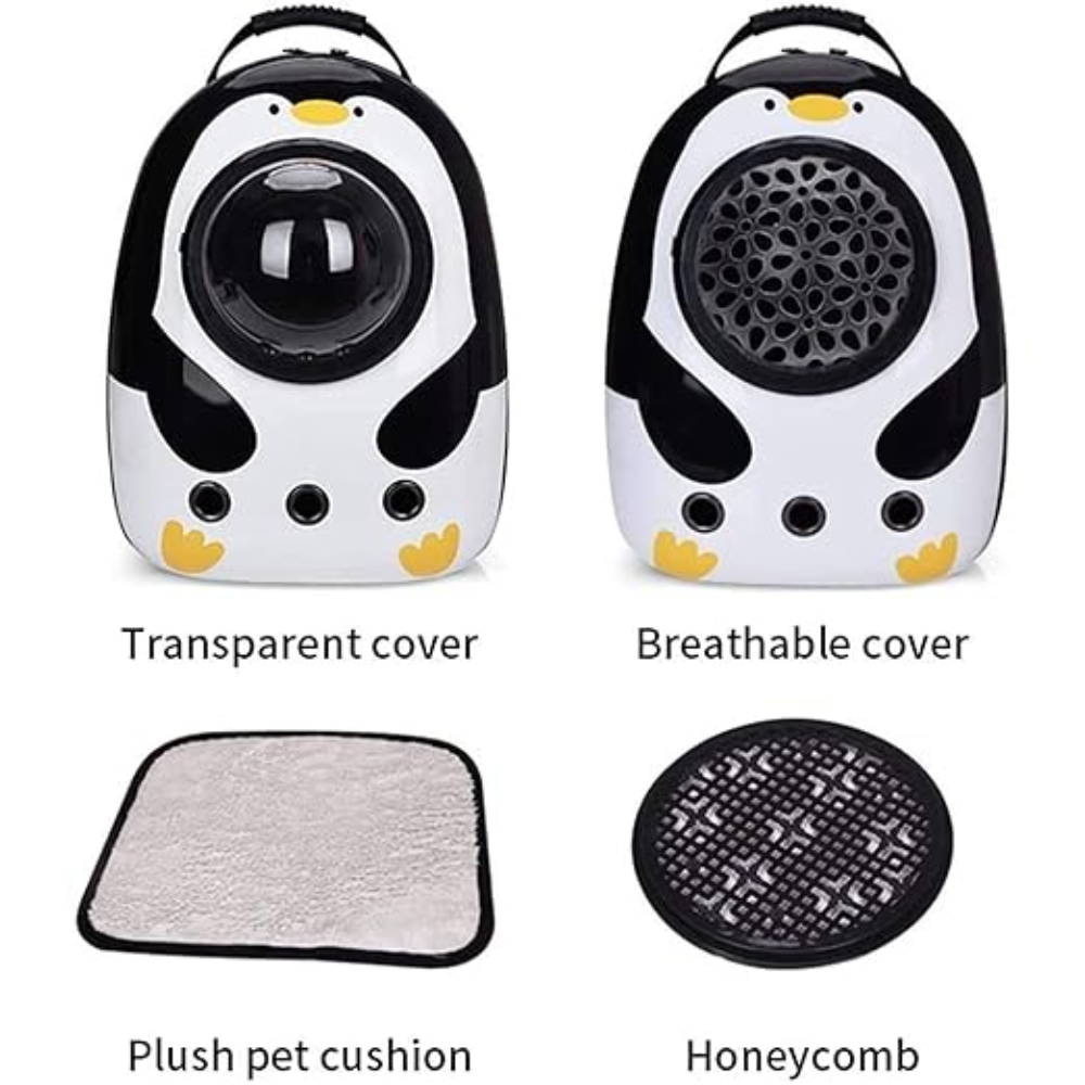 Penguin-shaped pet carrier with transparent and breathable covers, plush cushion, and honeycomb design on a white background.