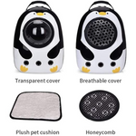 Penguin-shaped pet carrier with transparent and breathable covers, plush cushion, and honeycomb design on a white background.