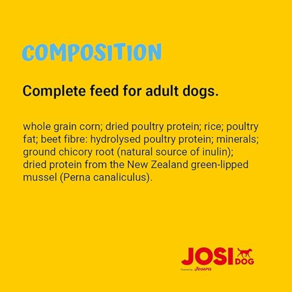 Yellow background with text about dog food composition and Josi Dog brand logo.