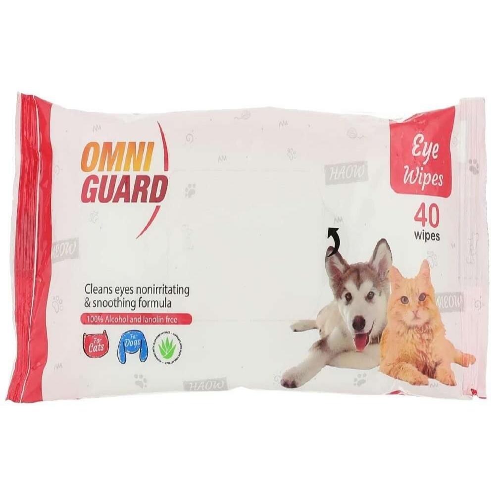 Pack of Omni Guard Eye Wipes for pets with images of a dog and a cat on a white background.