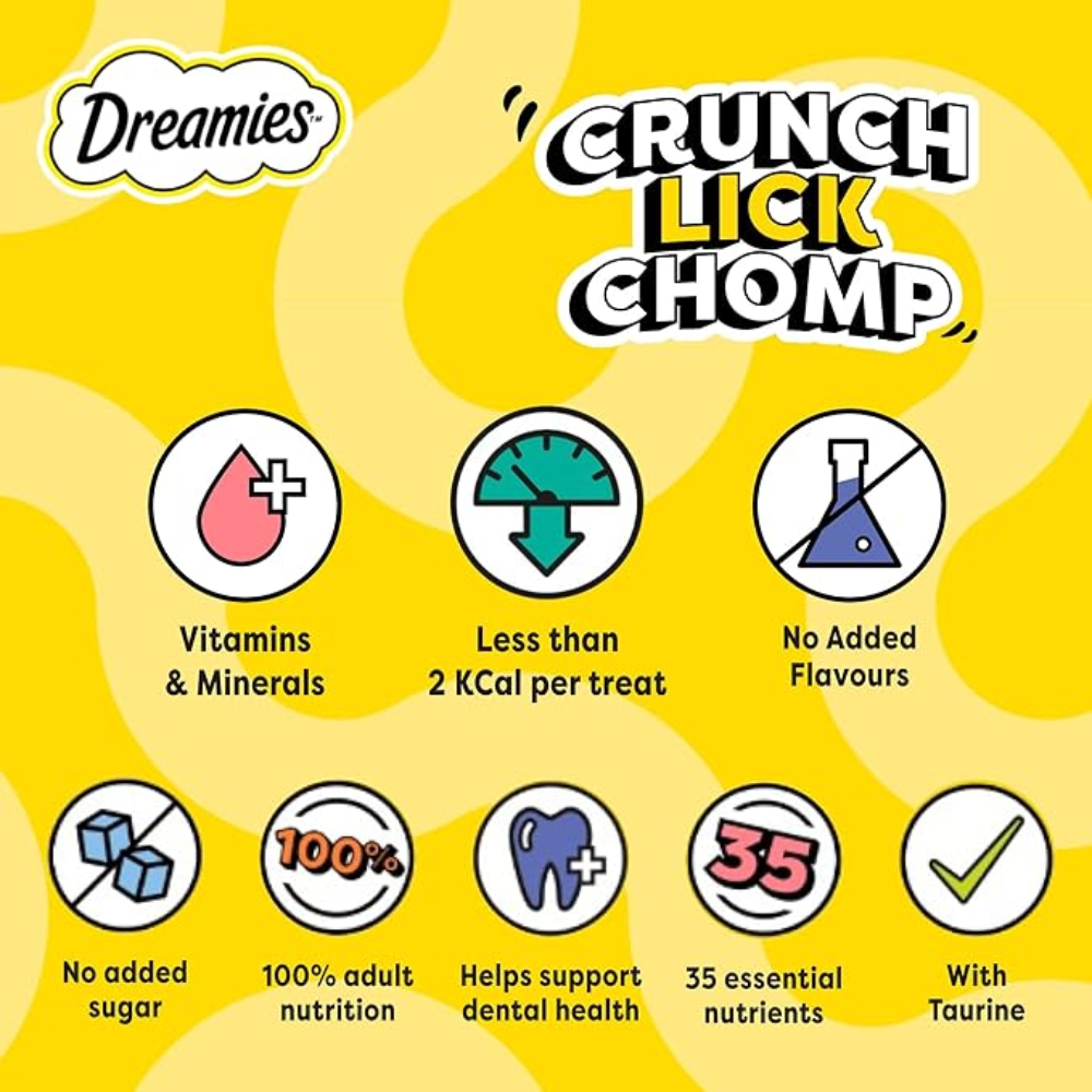 Dreamies cat treat packaging with nutritional information on a yellow background