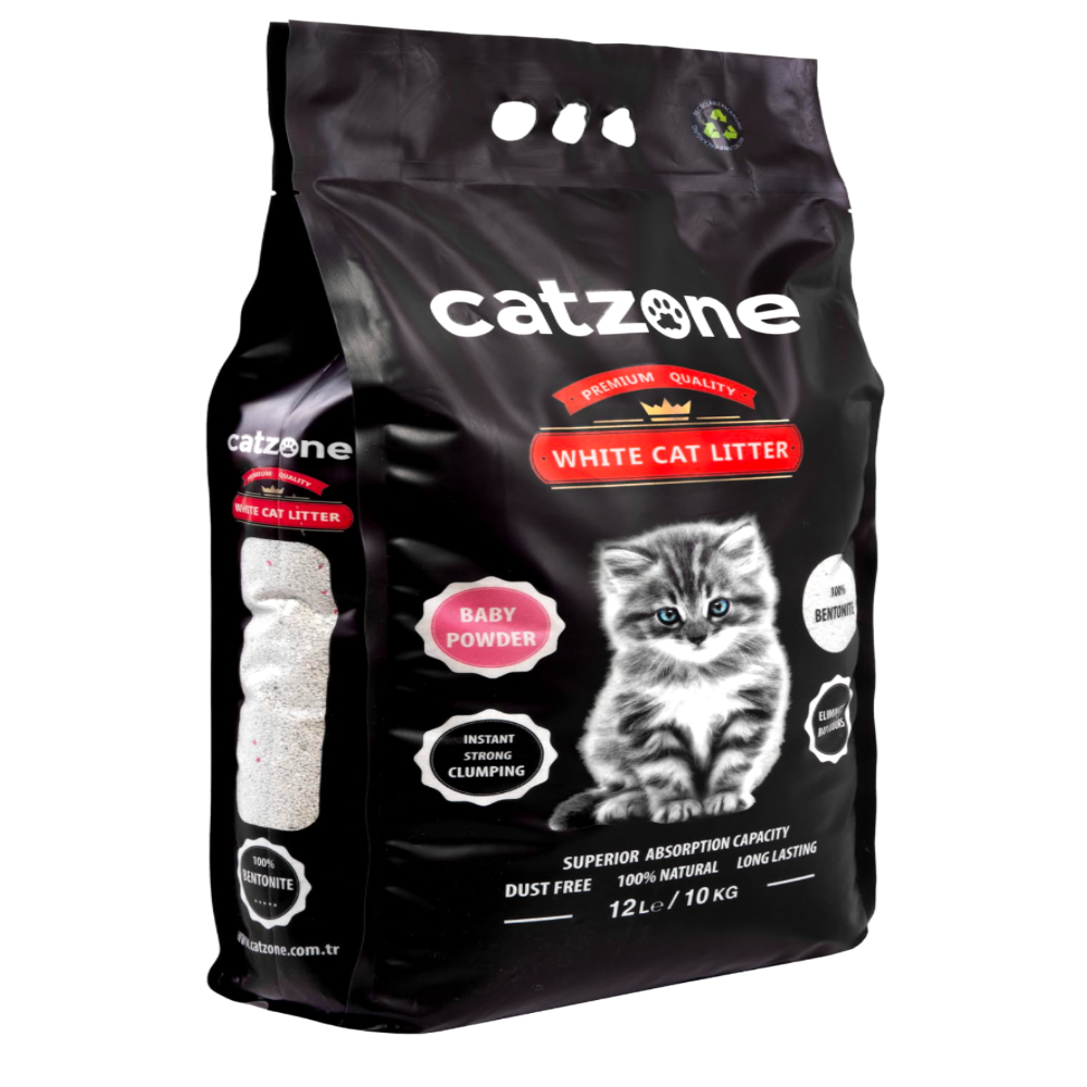 Bag of cat litter with 'catzone' branding on a white background