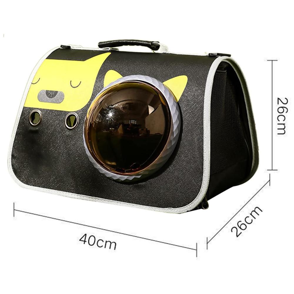 Pet carrier with cartoon design and dimensions on a white background