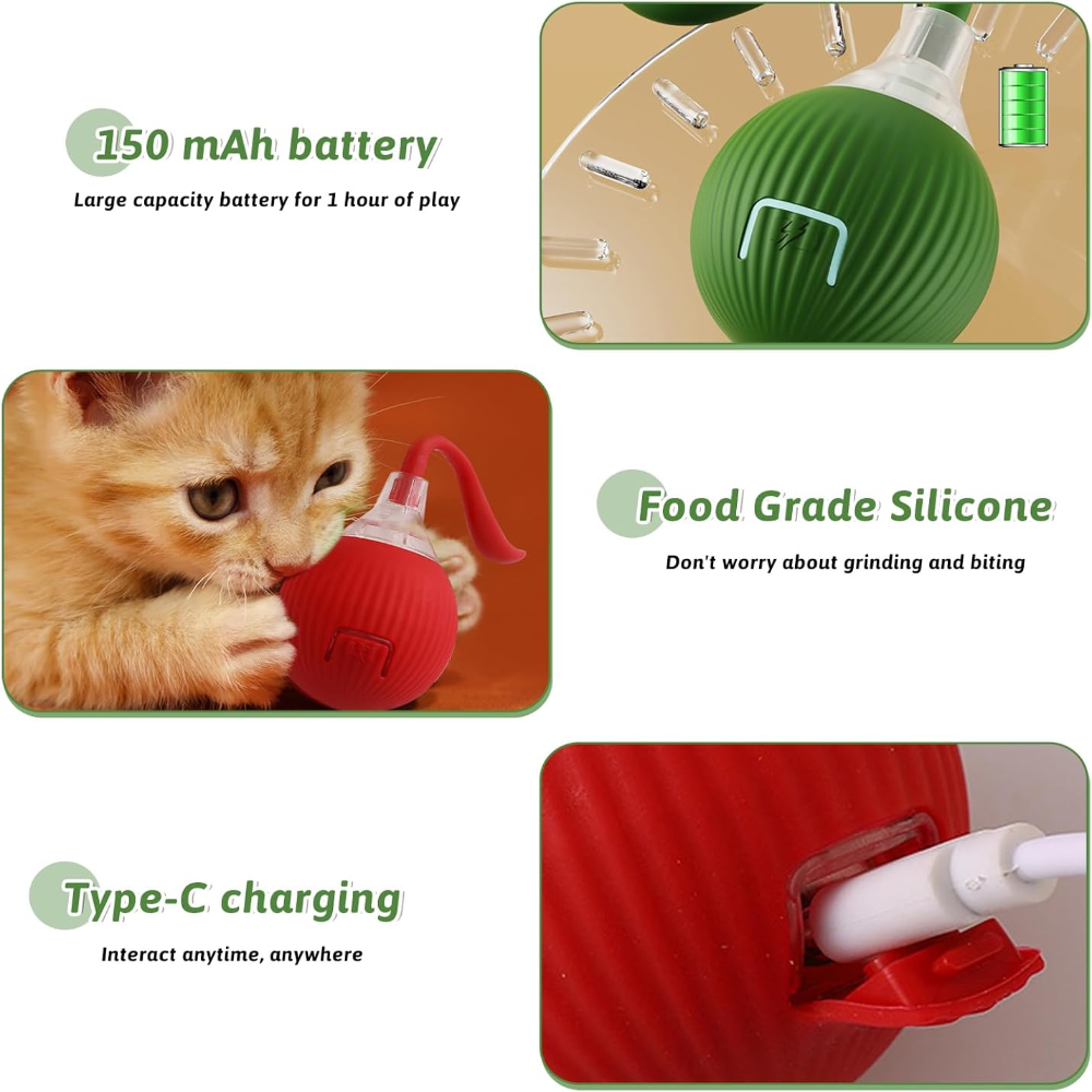 Collage of a red and green silicone ball with charging cable, cat playing with it, and text about battery capacity, material, and charging.