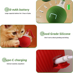 Collage of a red and green silicone ball with charging cable, cat playing with it, and text about battery capacity, material, and charging.
