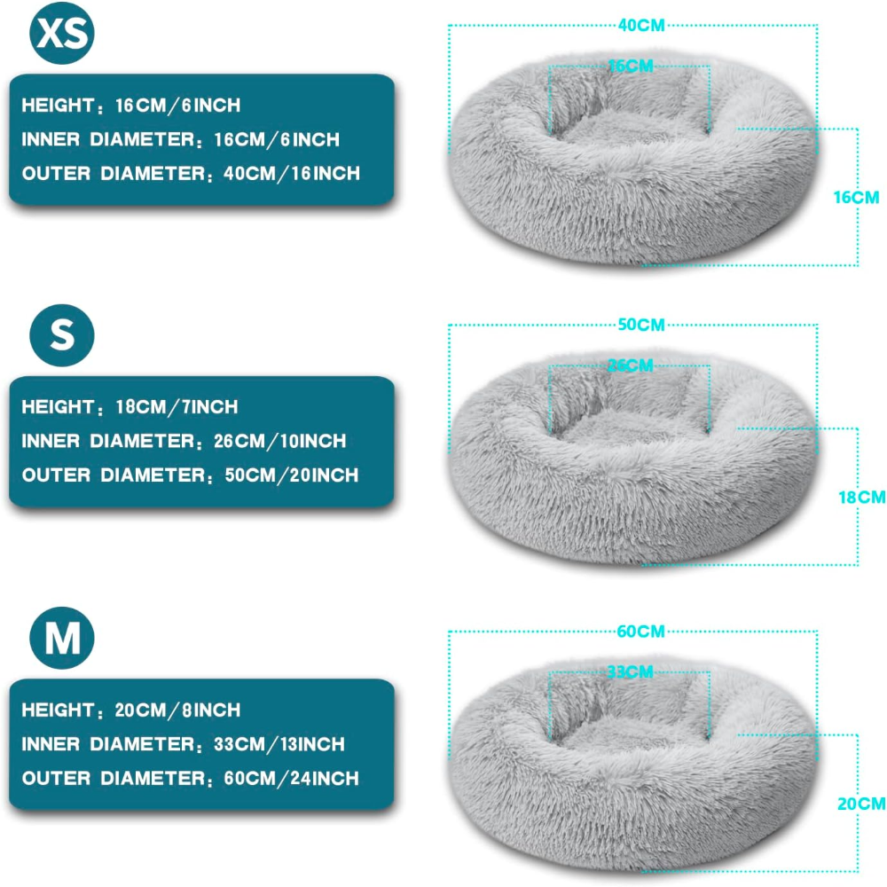 Gray donut pet bed with size chart showing height, inner diameter, and outer diameter measurements.