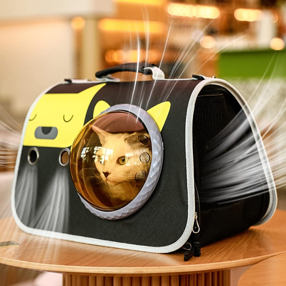 Pet carrier with a cat peeking out, placed on a wooden surface.