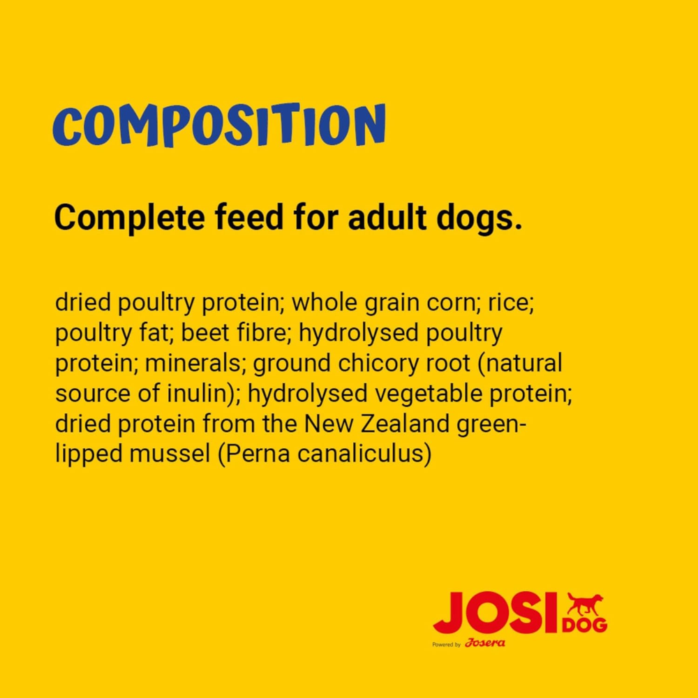Yellow background with text about dog food composition and Joshi logo.