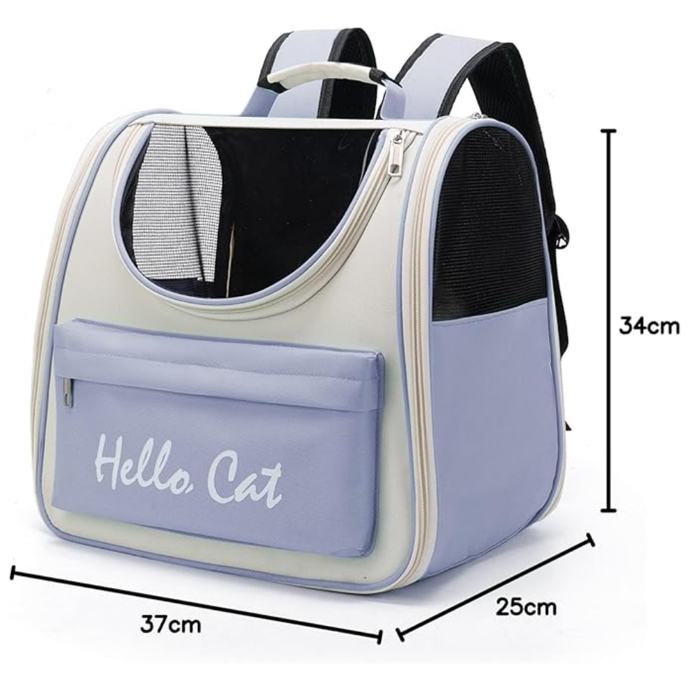 Pet carrier backpack with 'Hello Cat' text and dimensions displayed