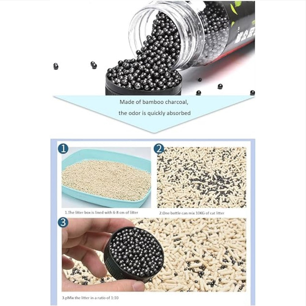 Bamboo charcoal beads in a container with text explaining their use.