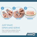 Step-by-step guide on how to use Entrée side dish packaging with text 'Just Snap, Open and Serve'.