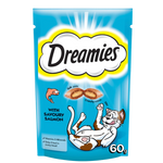 Dreamies cat treat package with a blue background and cat illustration.